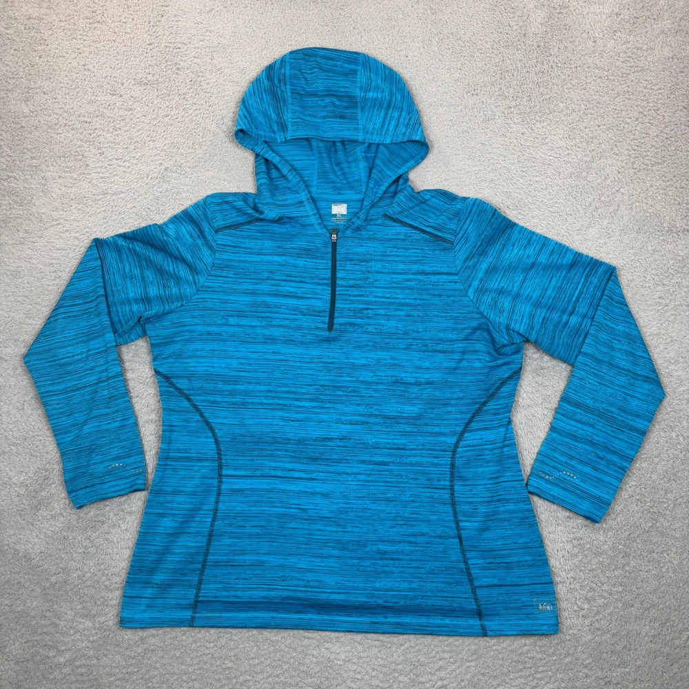 REI Co-op Womens XL Blue Space Dye Quarter Zip Hooded Pullover Thumbholes